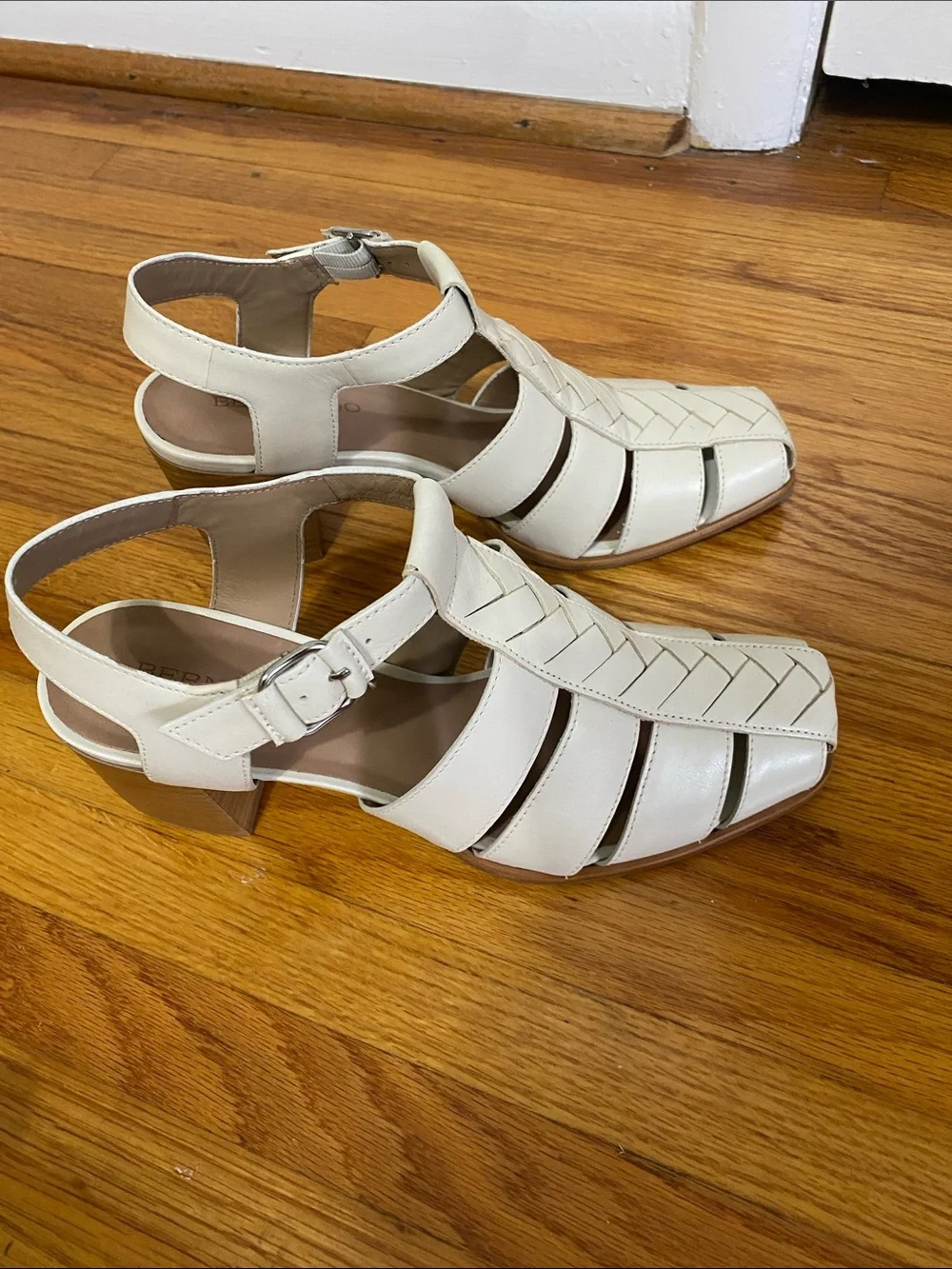Bernardo Cream Woven Leather Block Heel Sandals